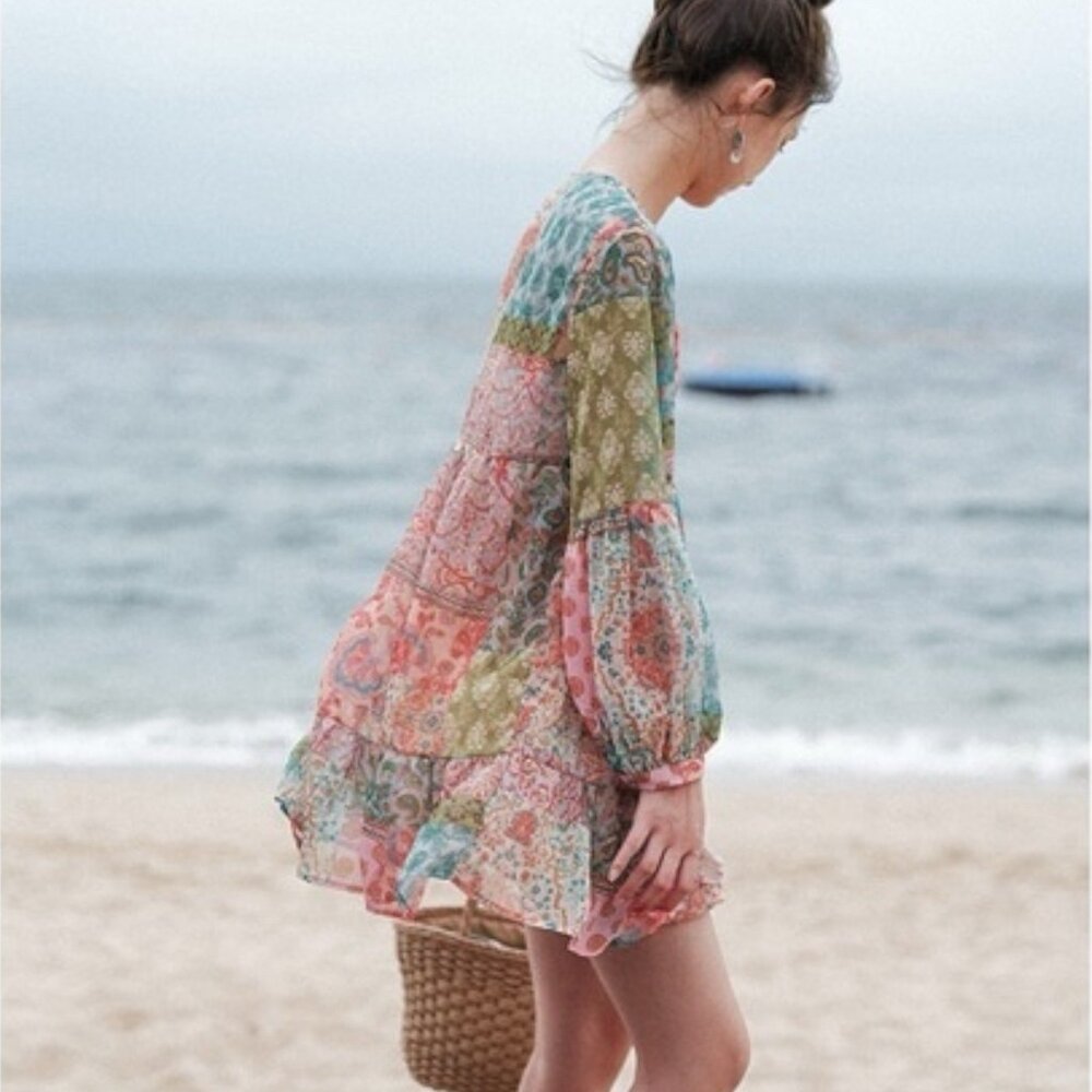 Women Bohemian Style Patchwork Multicolor Paisley V-Neck Short Mini Dress Size L - Picture 4 of 14